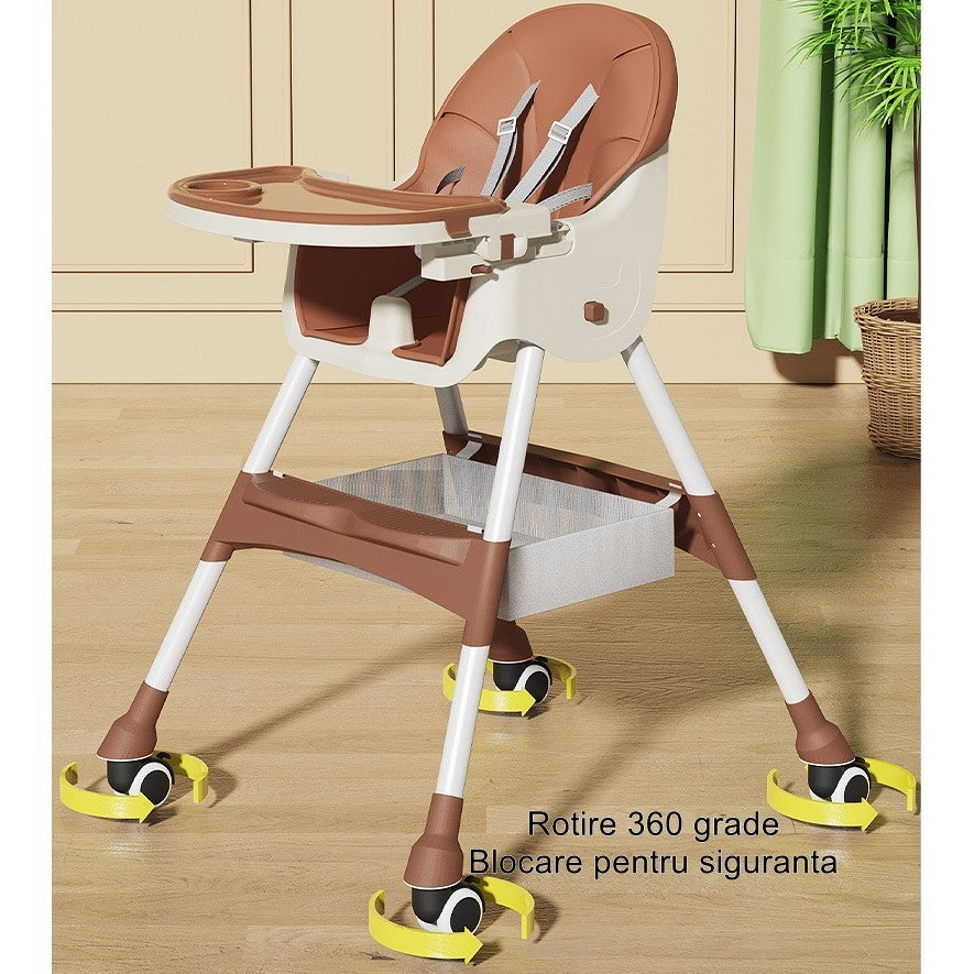 Scaun de Masa pentru Bebelusi si Copii, Vivimall, cu Roti, Telescopic, Pliabil, Masuta Reglabila, Suport Picioare, Scaun cu Invelis Piele Artificiala, Centura Siguranta, Spatiu Depozitare, 97x73x65 cm, Maro - vivimall.ro