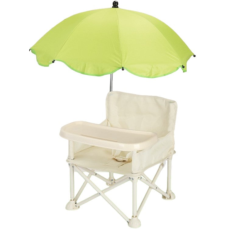 Scaun de masă bebe pliabil bej cu umbrelă verde, vedere frontală, tavită detașabilă inclusă