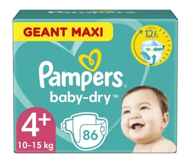 Pampers Baby‑Dry mărimea 4+ (Maxi), 10–15 kg — 86 buc. - vivimall.ro