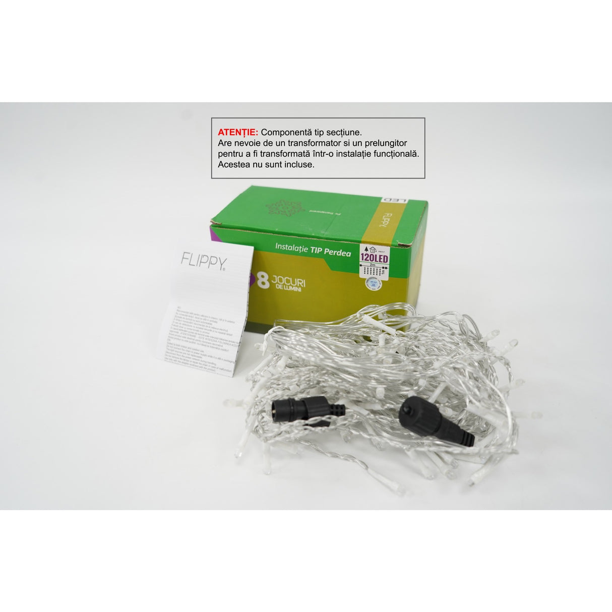 Sectiune Instalatie de Craciun Flippy Tip Perdea, 8 jocuri de lumini, 2m x1 m, 120 LED-uri, Interconectabila, Fir Transparent, Alb Rece - vivimall.ro