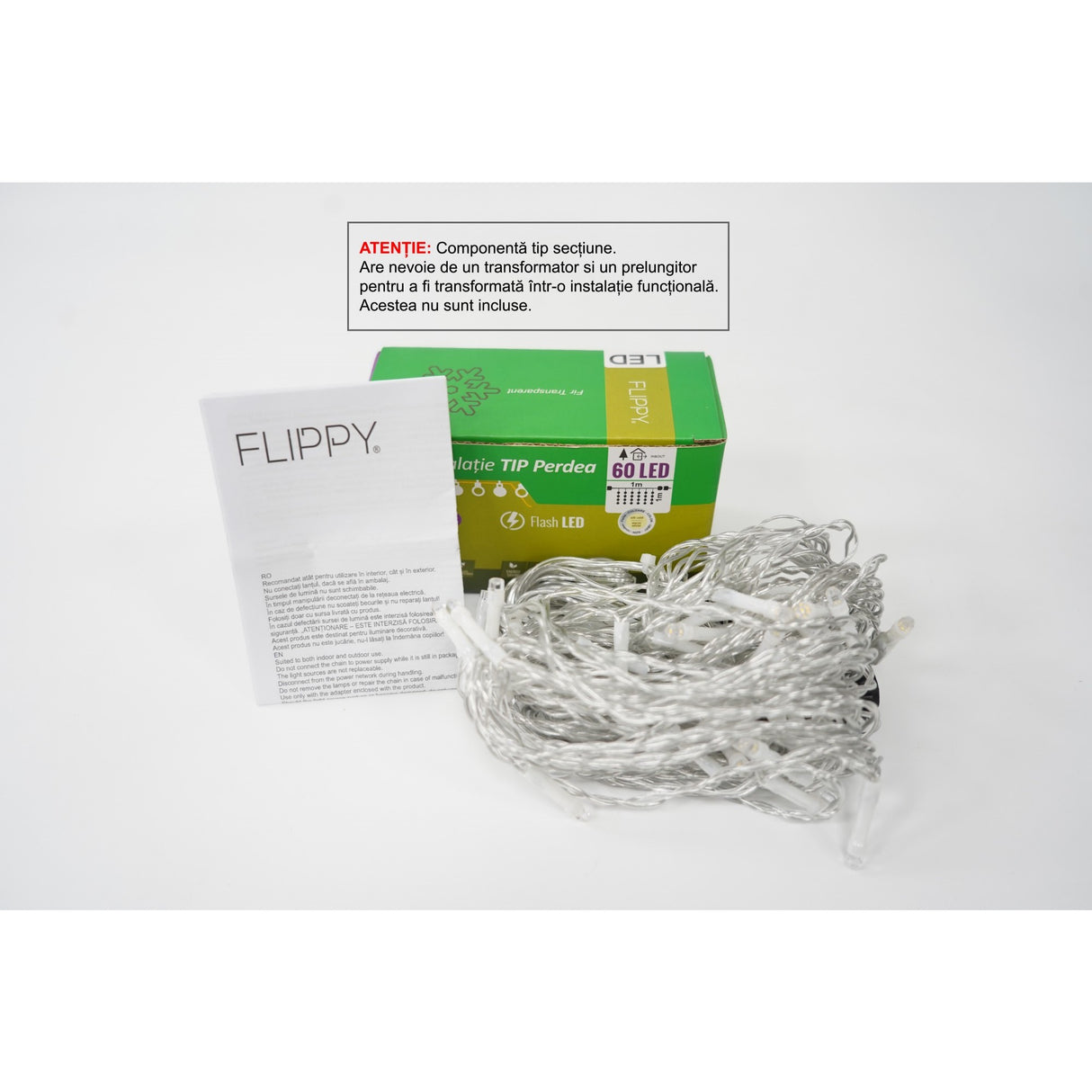 Sectiune Instalatie de Craciun Flippy Tip Perdea, cu Flash, 1 m x 1 m, 60 LED-uri, Interconectabila, Fir Transparent, Alb-cald - vivimall.ro