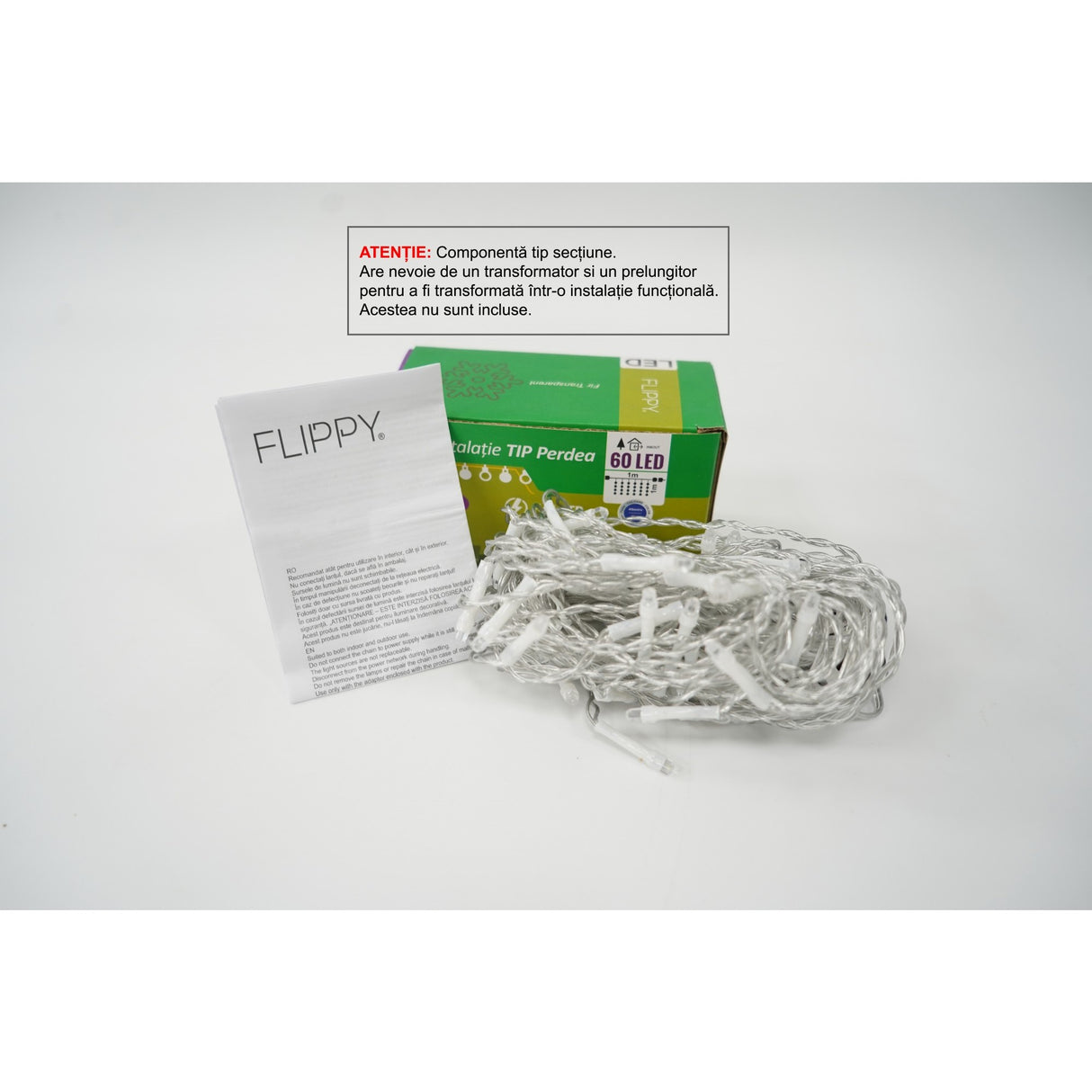Sectiune Instalatie de Craciun Flippy Tip Perdea, cu Flash, 1 m x 1 m, 60 LED-uri, Interconectabila, Fir Transparent, Albastru - vivimall.ro