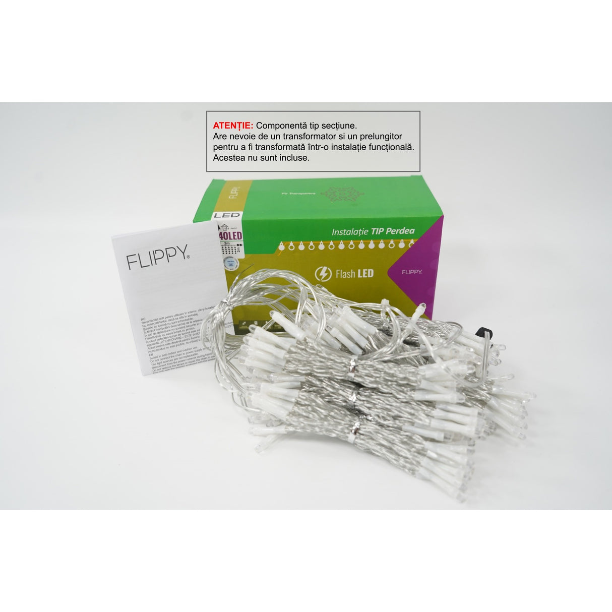 Sectiune Instalatie de Craciun Flippy Tip Perdea, cu Flash, 2 m x 2 m, 240 LED-uri, Interconectabila, Fir Transparent, Alb-Rece - vivimall.ro