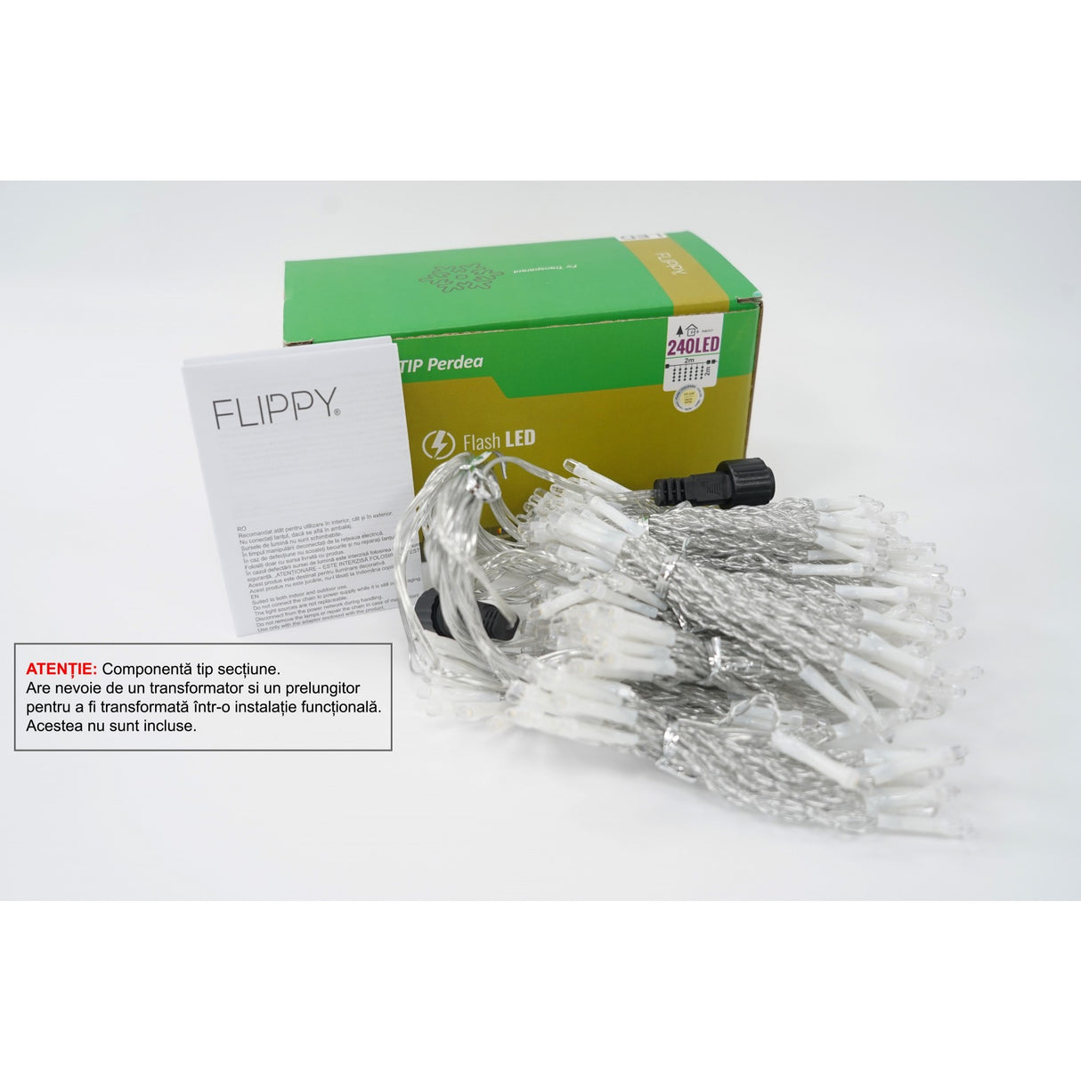 Sectiune Instalatie de Craciun Flippy, Tip Perdea, cu Flash ,2 X 2 m, 240 LED-uri, Interconectabila, Fir Transparent, Alb Cald - vivimall.ro
