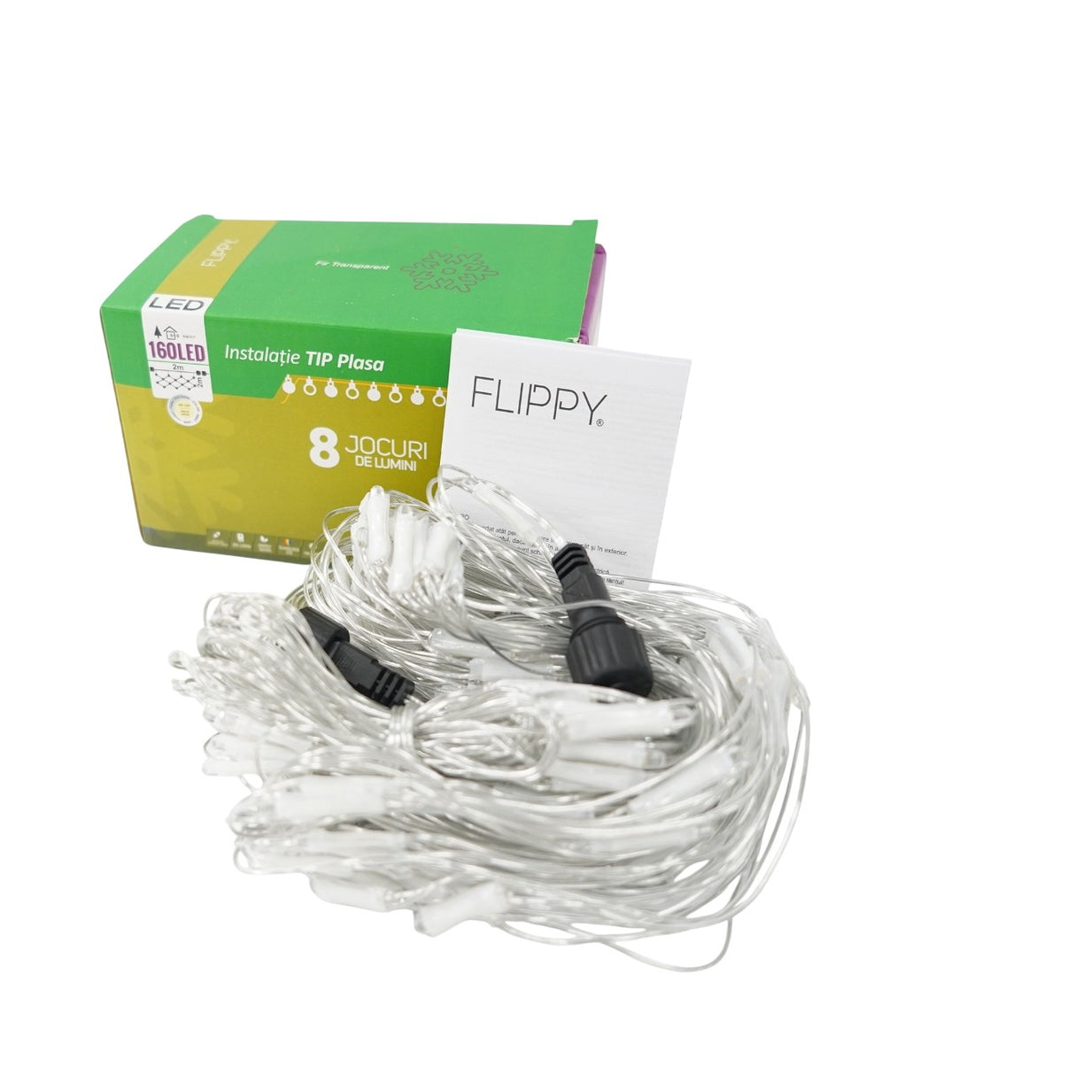 Sectiune Instalatie de Craciun Flippy, Tip Plasa, 160 LED-uri, 2 m x 2 m, 8 jocuri de lumini, Interconectabila, Fir transparent, Alb cald - vivimall.ro
