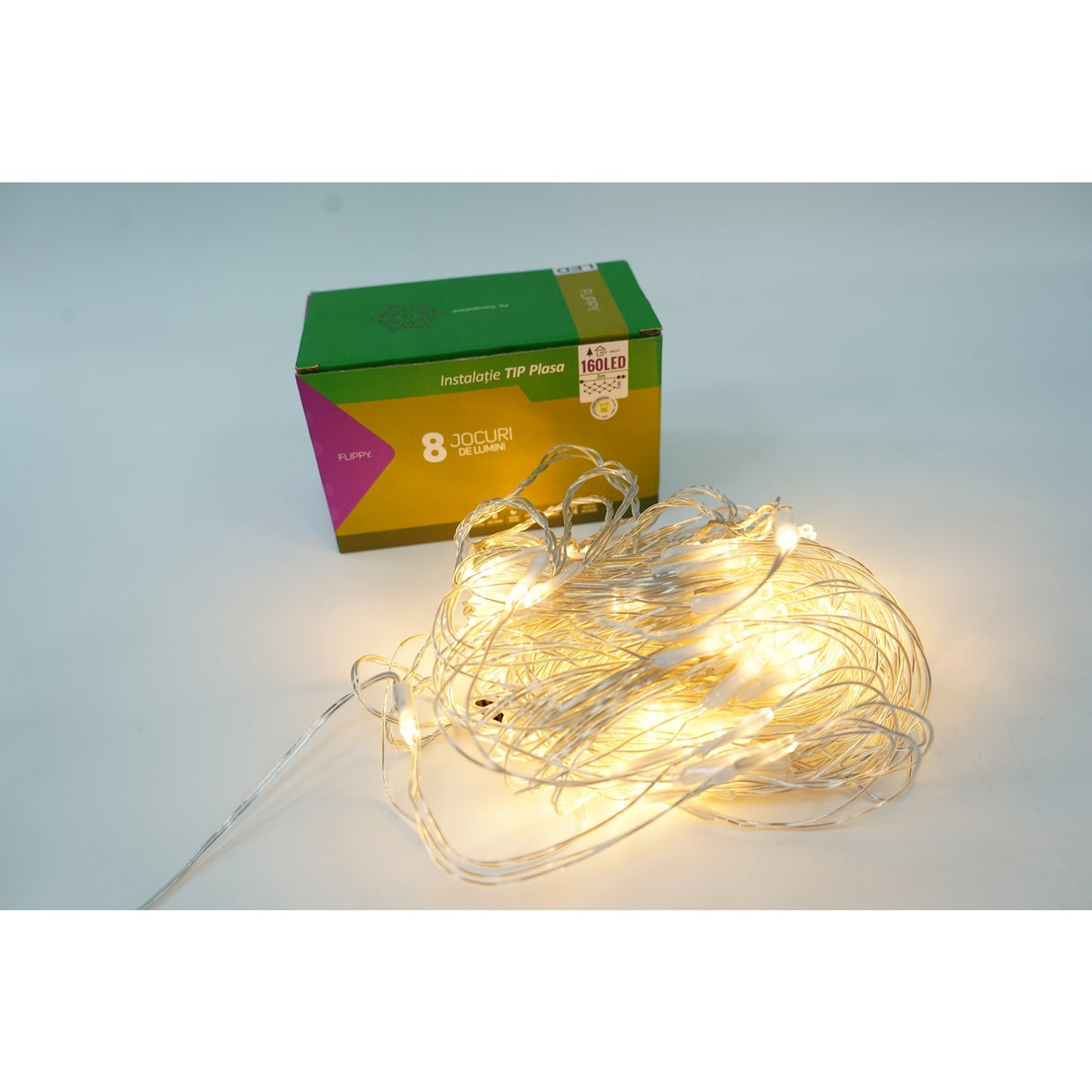 Sectiune Instalatie de Craciun Vivimall, Tip Plasa, 160 LED-uri, 3 m x 1 m, 8 jocuri de lumini, Interconectabila, Fir transparent, Alb cald - vivimall.ro