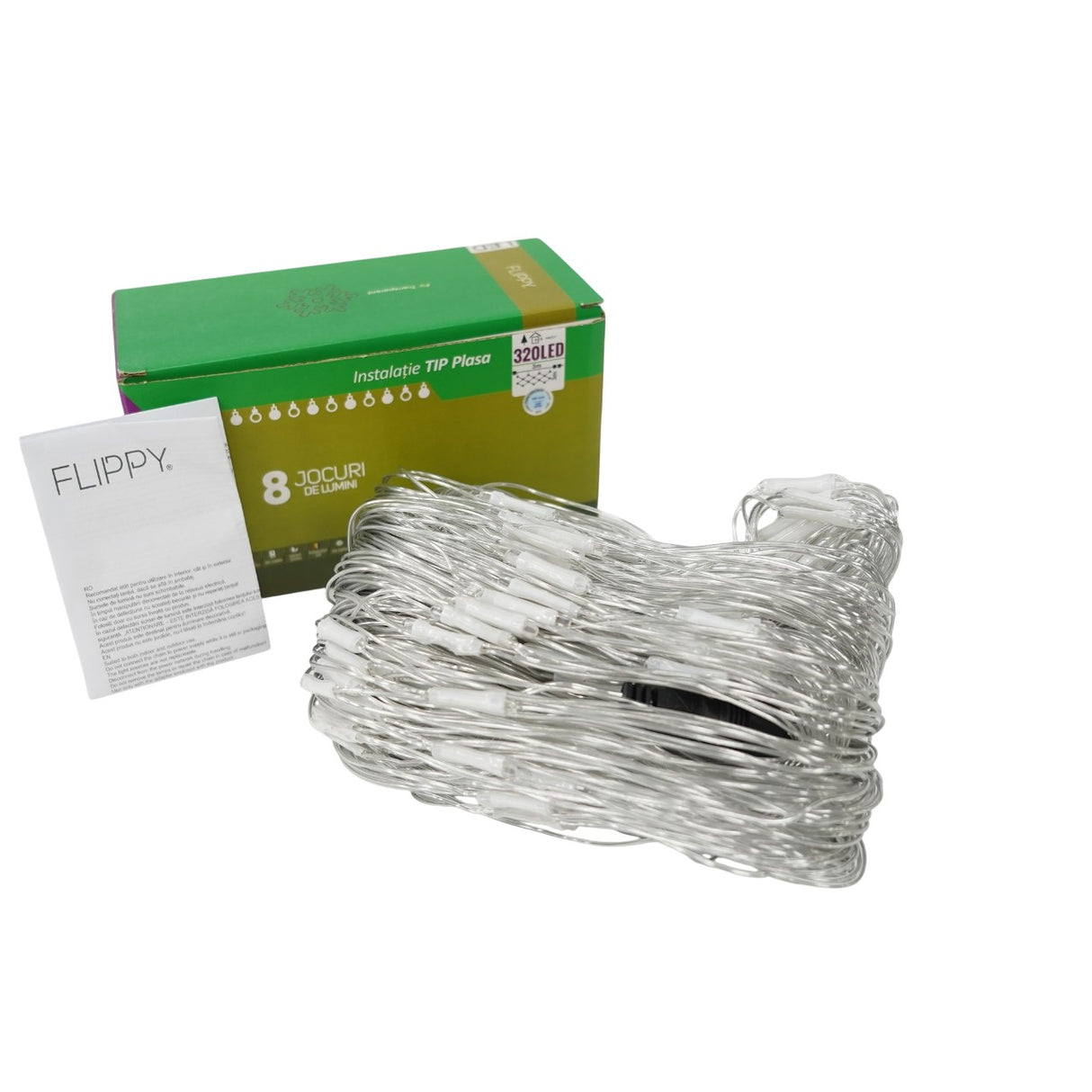 Sectiune Instalatie de Craciun Flippy, Tip Plasa, 320 LED-uri, 3 m x 3 m, 8 jocuri de lumini, Interconectabila, Fir transparent, Alb rece - vivimall.ro