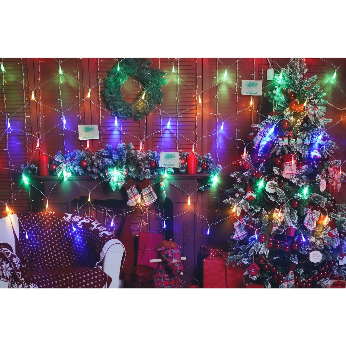 Sectiune Instalatie de Craciun Flippy, Tip Plasa, 80 LED-uri, 2 m x 1 m, 8 jocuri de lumini, Interconectabila, Fir transparent, Multicolor - vivimall.ro