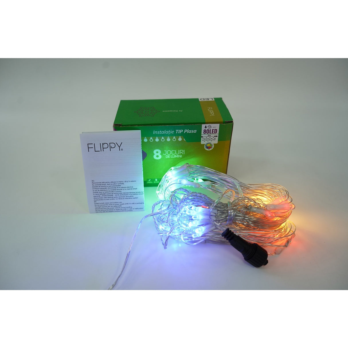 Sectiune Instalatie de Craciun Flippy, Tip Plasa, 80 LED-uri, 2 m x 1 m, 8 jocuri de lumini, Interconectabila, Fir transparent, Multicolor - vivimall.ro