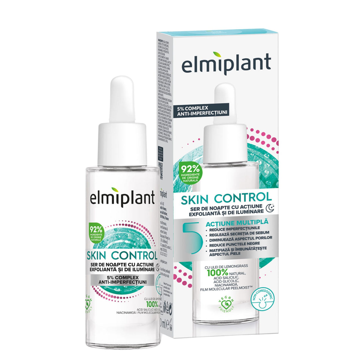 Ser de Noapte, Elmiplant, Skin Control cu Actiune Exfolianta si de Iluminare, 30 ml - vivimall.ro