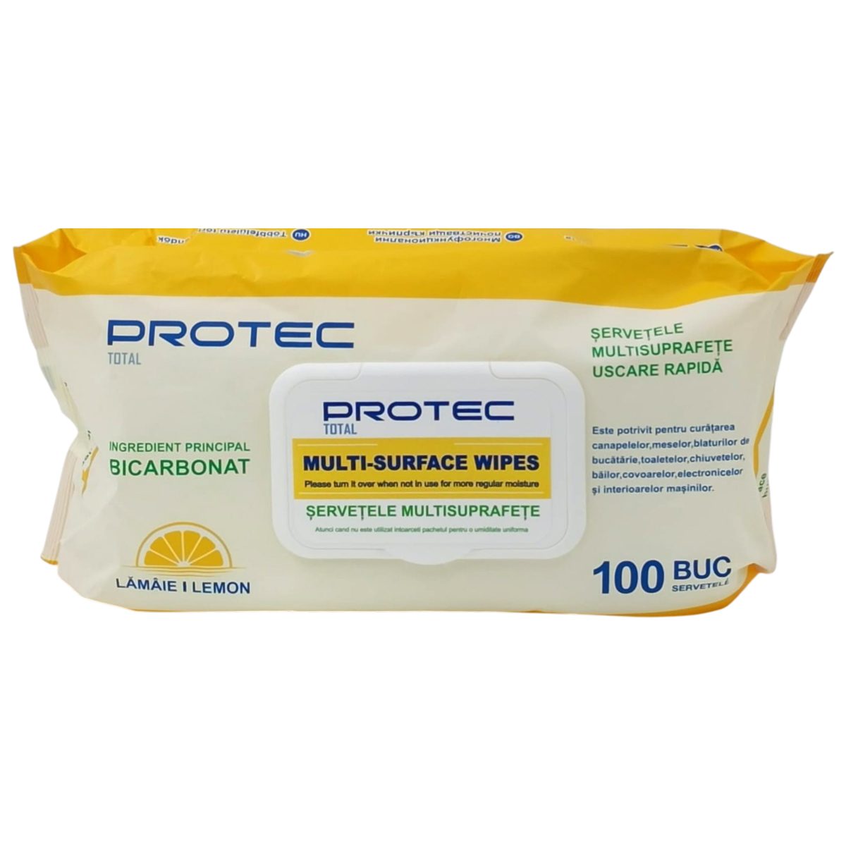 Șervețele umede Protec Multisuprafețe, pachet 100 bucăți, diverse sortimente disponibile, vedere frontală produs