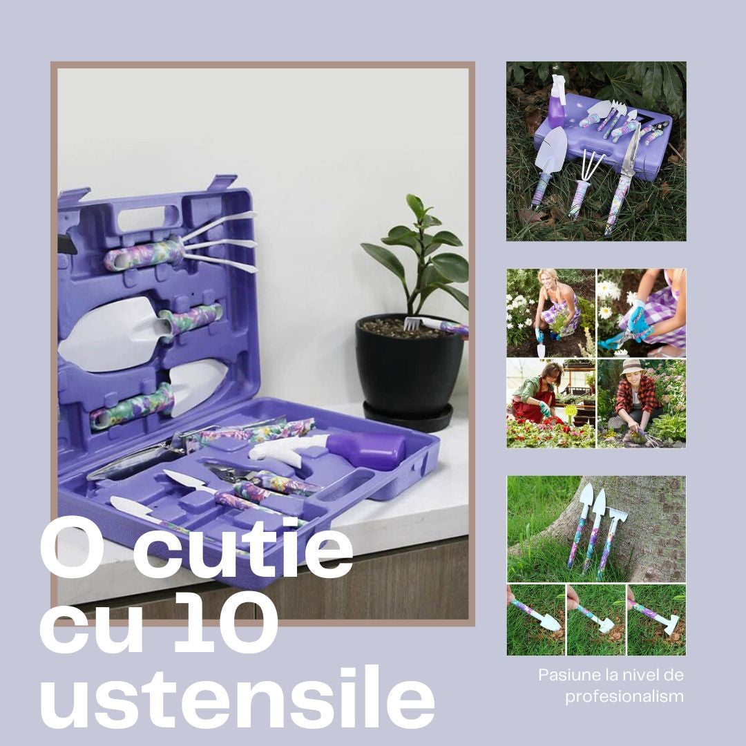 Set 10 accesorii pentru gradinarit Vivimall, geanta depozitare inclusa, otel inoxidabil, 37 x 28 cm, mov - vivimall.ro