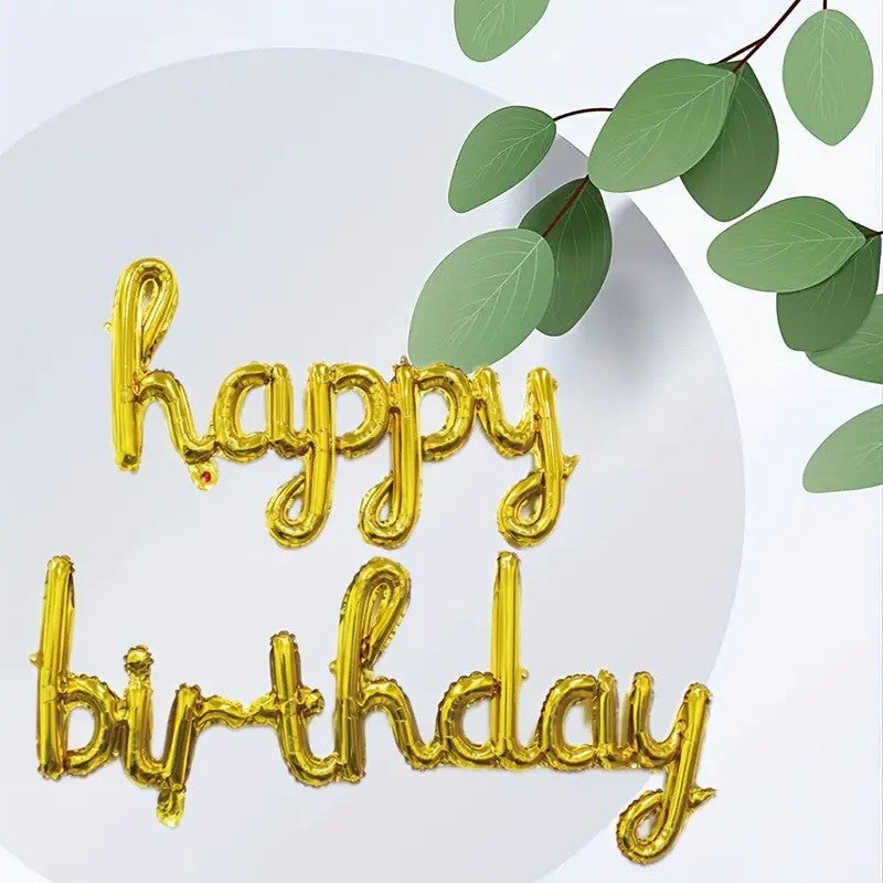 Set 10 Baloane din Folie Metalizata, Vivimall, Figurine Litere, Model Scris de Mana Happy Birthday, Tema Aniversare, 40 cm, Ambalaj Individual, Pai Inclus, Umflare cu Aer sau Heliu, Auriu - vivimall.ro