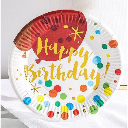 Set 10 Farfurii Unica Folosinta, Vivimall, Imprimeu Happy Birthday Buline, din Carton, Diametru 18 cm, Multicolor - vivimall.ro