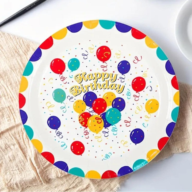 Set 10 Farfurii de Unica Folosinta, Vivimall, din Carton, 18 cm, Model Happy Birthday, Multicolor - vivimall.ro