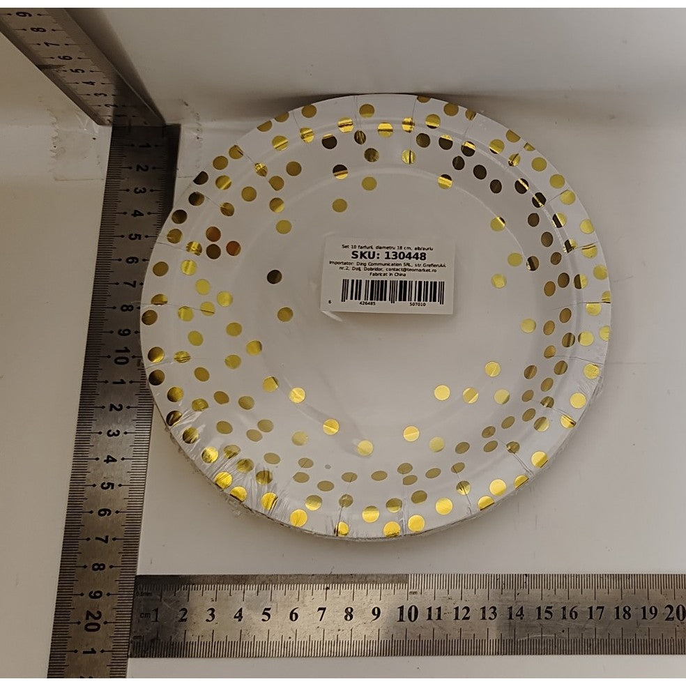 Set 10 Farfurii Unica Folosinta, Vivimall, Imprimeu cu Buline, din Carton, Diametru 18 cm, Alb/Auriu - vivimall.ro