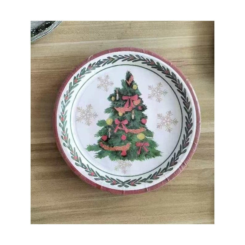 Set 10 Farfurii Unica Folosinta, Vivimall, 23 cm, Model Brad de Craciun, Multicolor - vivimall.ro