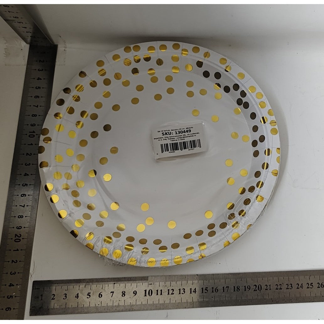 Set 10 Farfurii Unica Folosinta, Vivimall, Imprimeu cu Buline, din Carton, Diametru 23 cm, Alb/Auriu - vivimall.ro