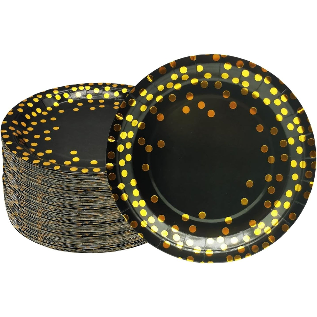 Set 10 Farfurii Unica Folosinta, Vivimall, Imprimeu cu Buline, din Carton, Diametru 23 cm, Negru/Auriu - vivimall.ro