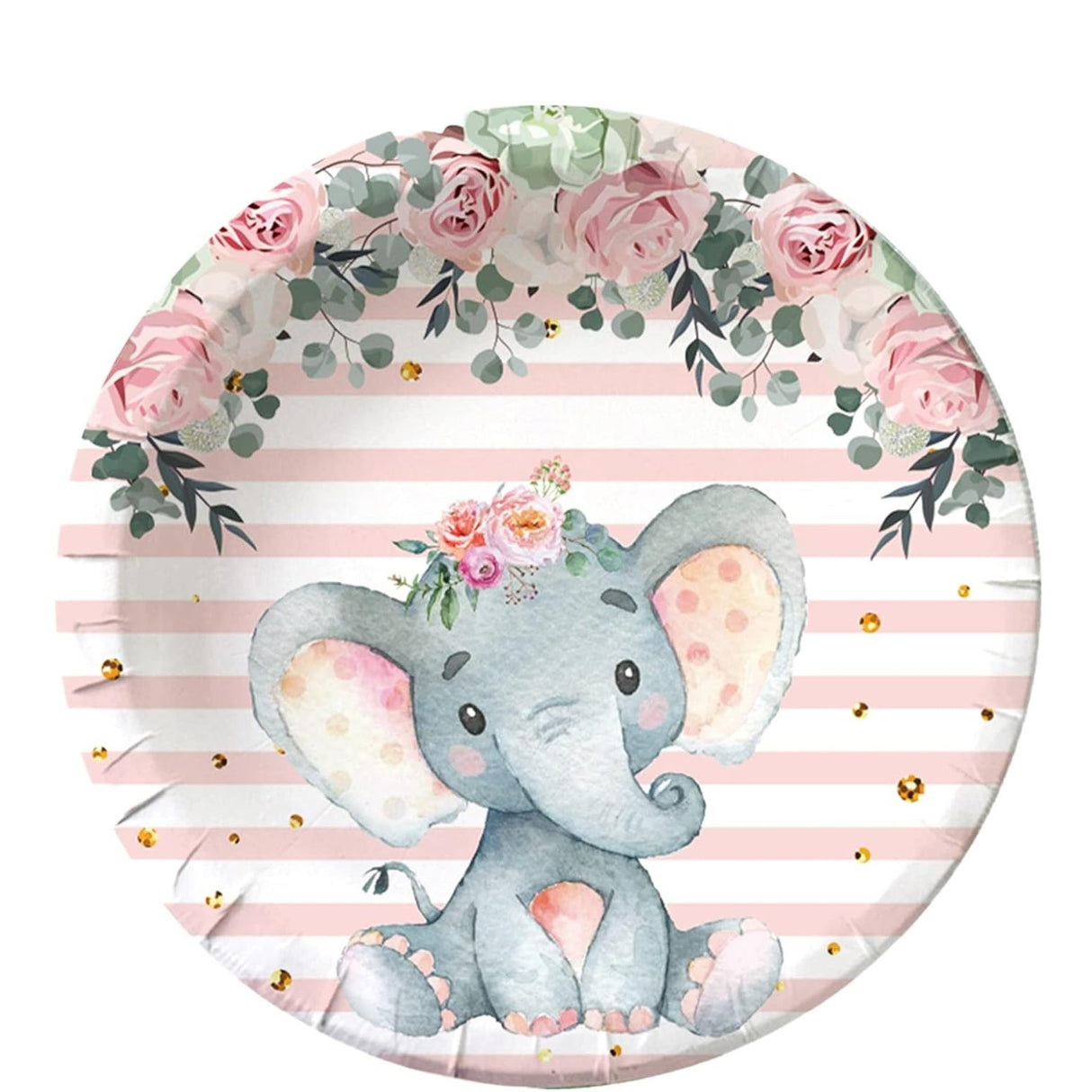 Set 10 Farfurii Unica Folosinta, Vivimall, Imprimeu Elefant, din Carton, 17 cm, Roz - vivimall.ro