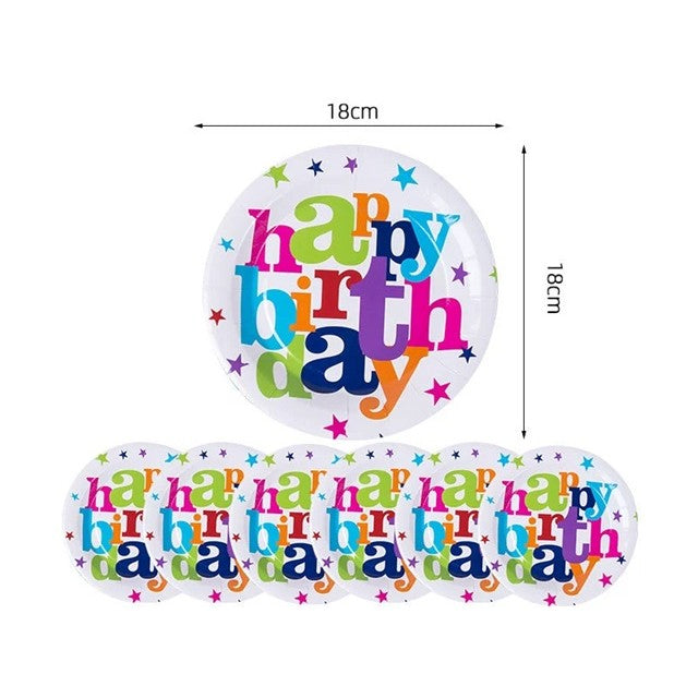 Set 6 Farfurii Unica Folosinta, Vivimall, Imprimeu Happy Birthday, din Carton, Diametru 18 cm, Multicolor - vivimall.ro