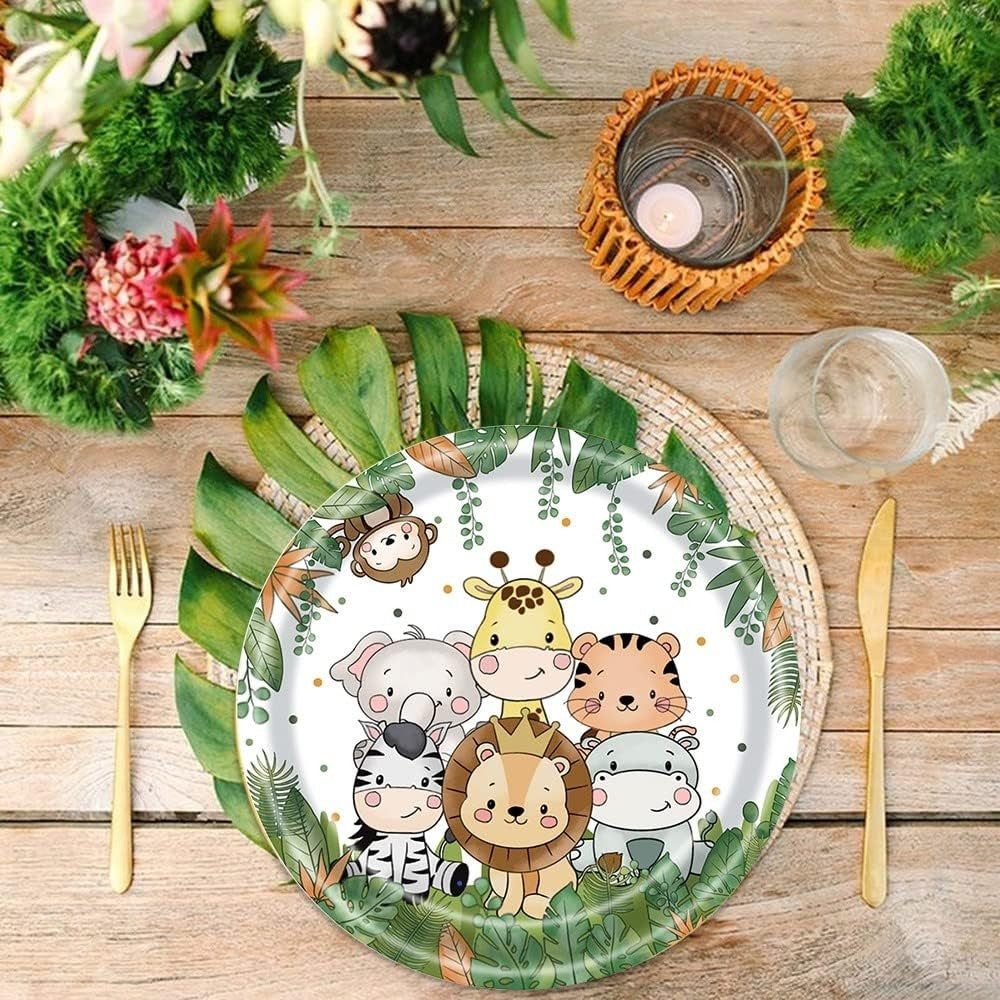 Set 10 Farfurii Unica Folosinta, Vivimall, Imprimeu Jungle, din Carton, 17 cm, Verde - vivimall.ro