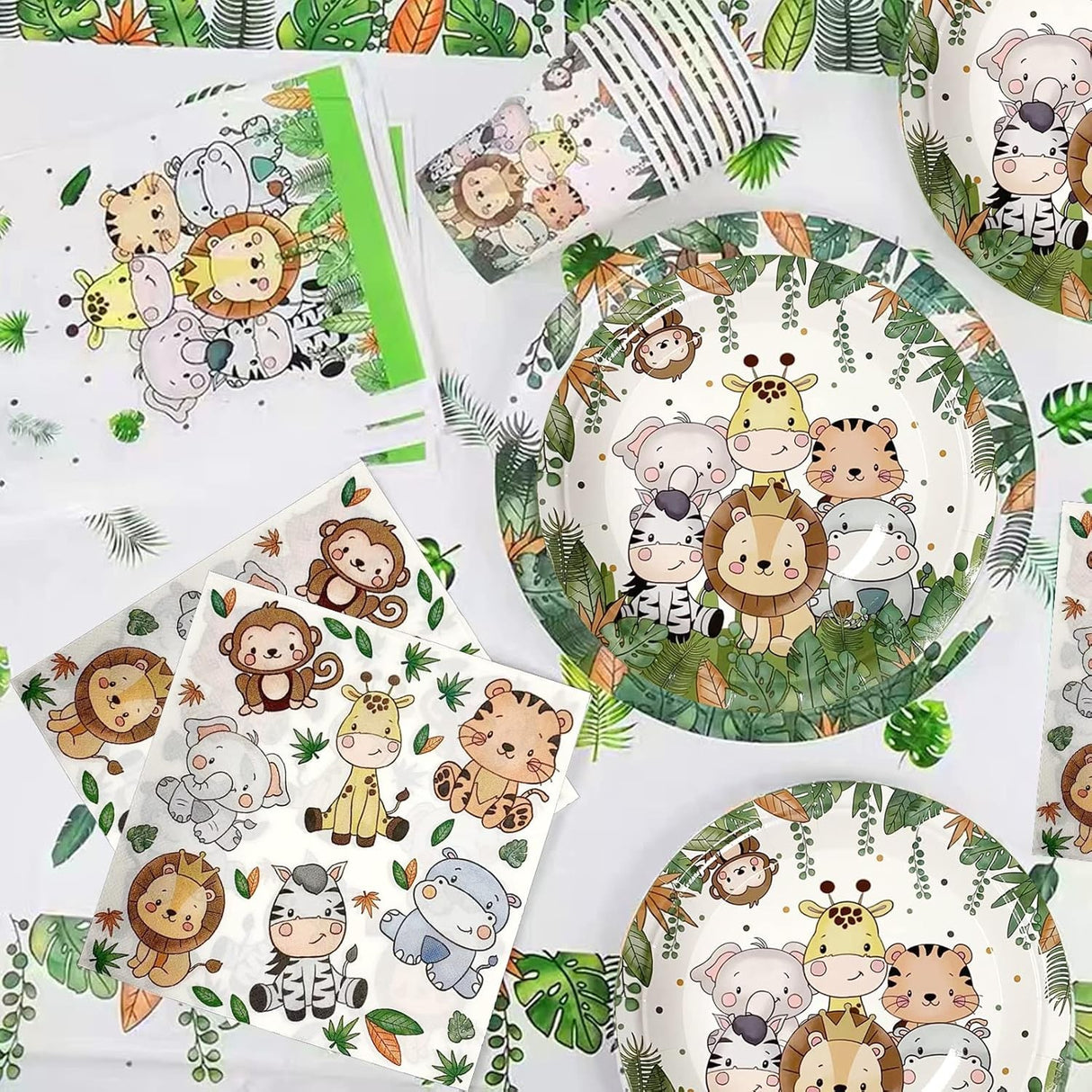 Set 10 Farfurii Unica Folosinta, Vivimall, Imprimeu Jungle, din Carton, 22 cm, Verde - vivimall.ro