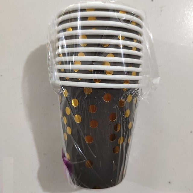 Set 10 Pahare, Vivimall, Imprimeu cu Buline, din Carton, 250 ml, 7 x 8.5 x 5 cm, Negru/Auriu - vivimall.ro