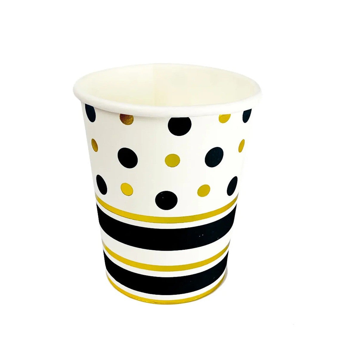 Set 10 Pahare, Vivimall, Imprimeu cu Buline si Dungi, din Carton, 250 ml, 7.5 x 8.5 x 5.2 cm, Negru/Auriu - vivimall.ro