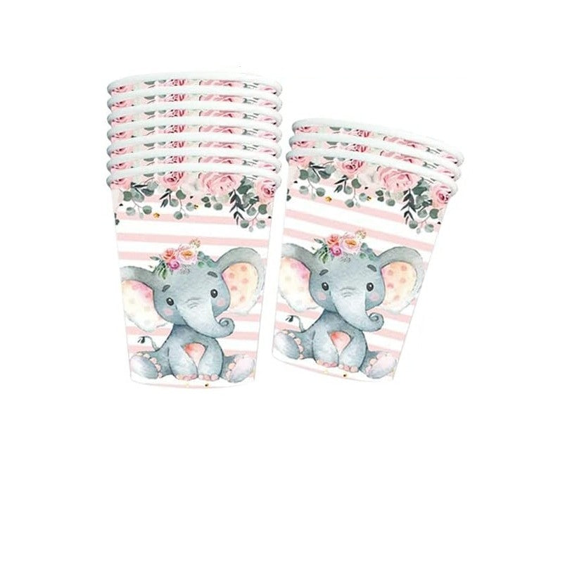Set 10 Pahare, Vivimall, Imprimeu Elefant, din Carton, 7.5 x 8.5 cm, Roz - vivimall.ro