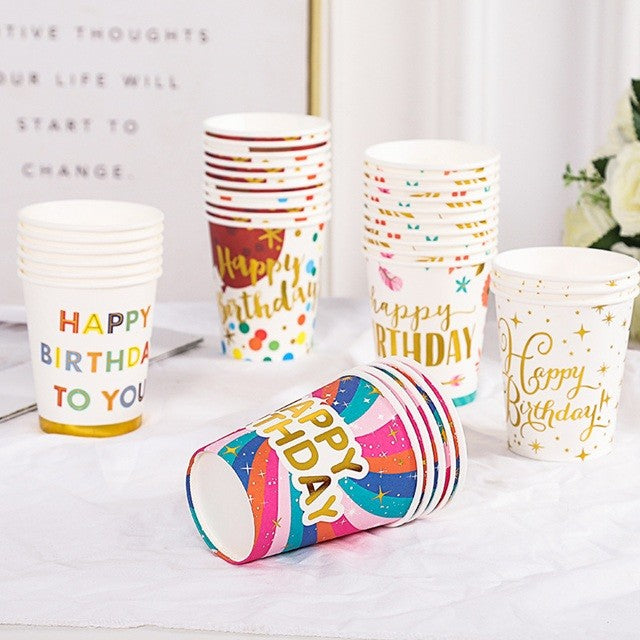 Set 10 Pahare, Vivimall, Imprimeu Happy Birthday to You, din Carton, 250 ml, 7.5 x 8.5 x 5.2 cm, Multicolor - vivimall.ro