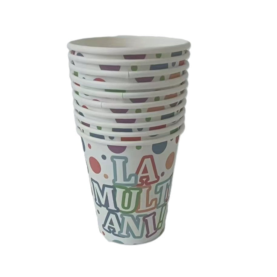 Set 10 Pahare, Vivimall, Imprimeu La Multi Ani, din Carton, 250 ml, 7 x 8.5 x 5 cm, Multicolor - vivimall.ro
