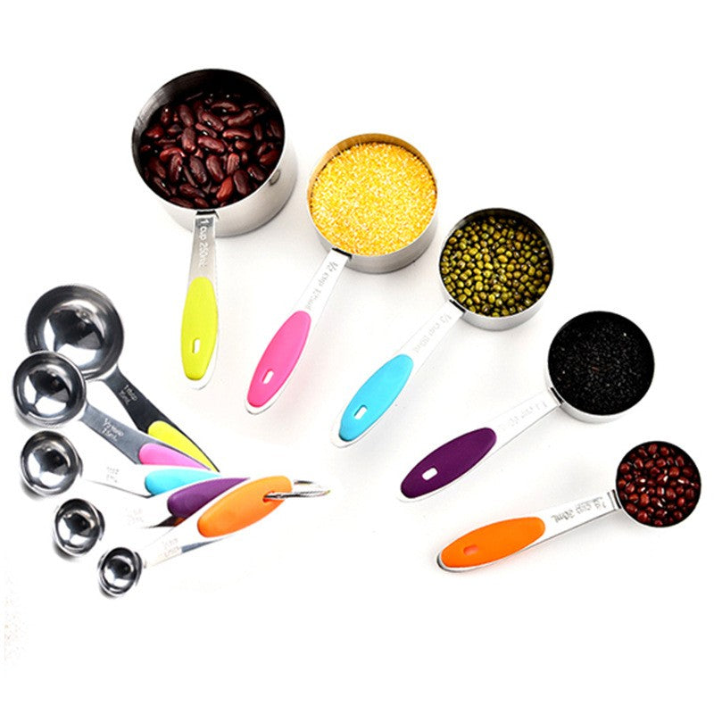 Set 10 Piese de Masurare, Vivimall, 5 Linguri Gradate + 5 Cesti Gradate, Otel Inoxidabil + Silicon, 19 x 8 x 9 cm, Multicolor - vivimall.ro