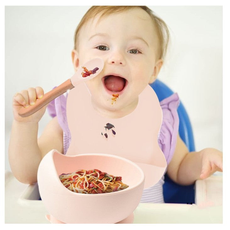 Set 10 piese diversificare bebelusi si copii din silicon Vivimall, baveta, farfurie compartimentata cu ventuza, bol cu ventuza, tacamuri din lemn si silicon, cana pentru gustari, fara alergeni, roz pal - vivimall.ro