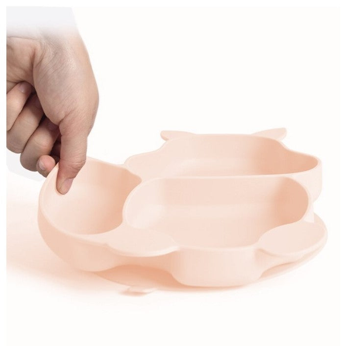 Set 10 piese diversificare bebelusi si copii din silicon Vivimall, baveta, farfurie compartimentata cu ventuza, bol cu ventuza, tacamuri din lemn si silicon, cana pentru gustari, fara alergeni, roz pal - vivimall.ro