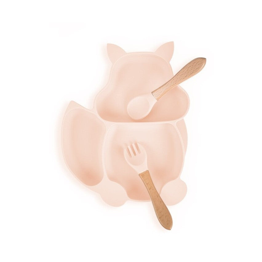 Set 10 piese diversificare bebelusi si copii din silicon Vivimall, baveta, farfurie compartimentata cu ventuza, bol cu ventuza, tacamuri din lemn si silicon, cana pentru gustari, fara alergeni, roz pal - vivimall.ro