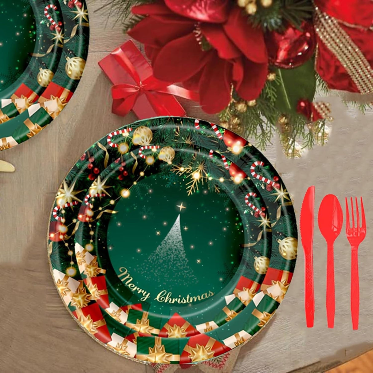 Set 119 Piese, Vivimall, pentru Masa de Craciun, Farfurii 18 cm, Farfurii 23 cm, Pahare, Servetele, Tacamuri, Fata de Masa, Ghirlanda, Paie, Rosu/Verde - vivimall.ro