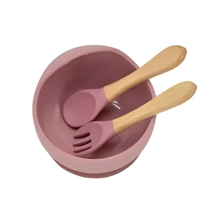 Set 10 Piese Servire Masa. Vivimall, pentru Bebelusi si Copii, din Silicon/Lemn, cu Ventuze Anti-alunecare, fara Alergeni. +6 Luni, Model Elefant, Maro - vivimall.ro