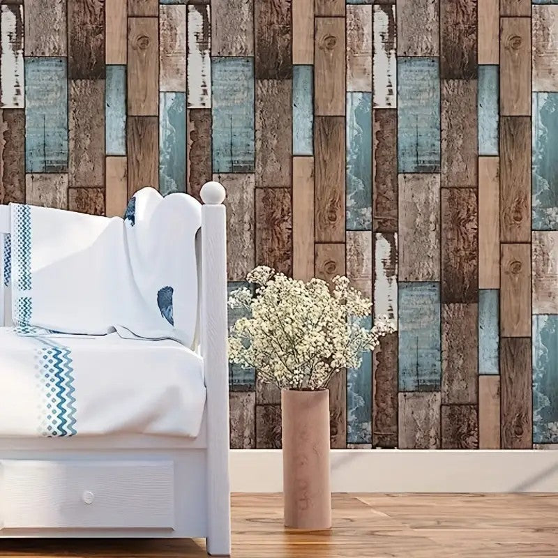 Detaliu textură placă decorativă 3D efect lemn, grosime 3 mm, nuanță gri și albastru, suprafață reliefată