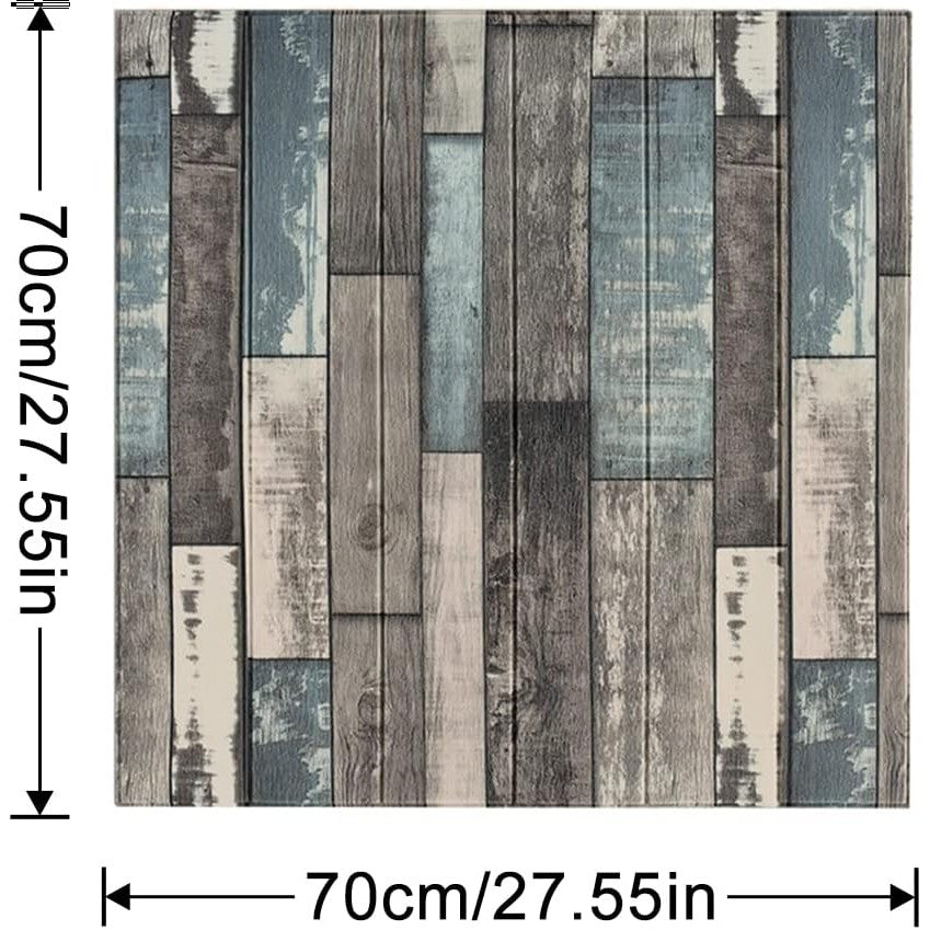Plăci decorative 3D gri-albastru aplicate pe perete, efect lemn natural, detaliu îmbinare și finisaj suprafață