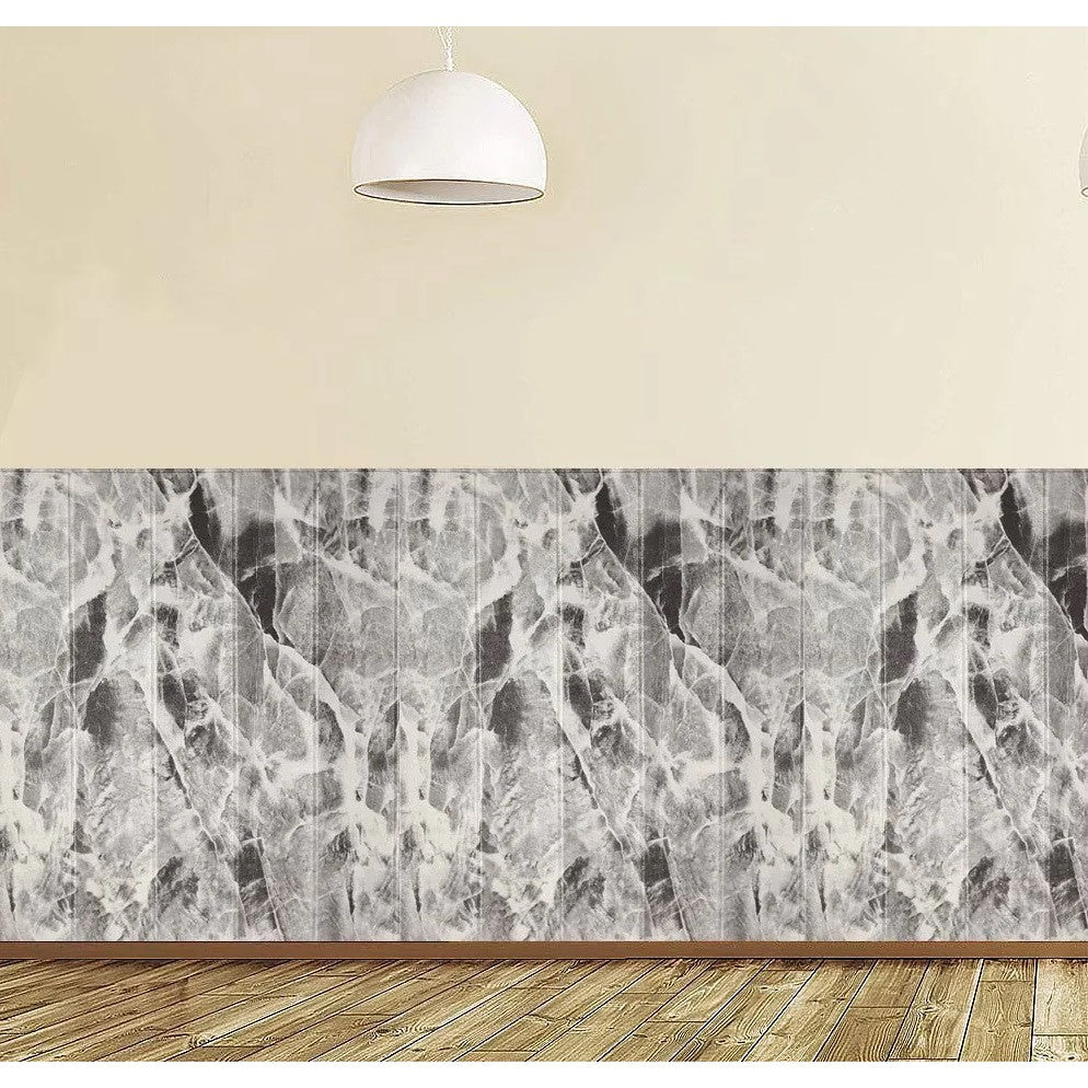 Plăci decorative 3D montate pe perete interior, efect lemn gri marmorat, living modern