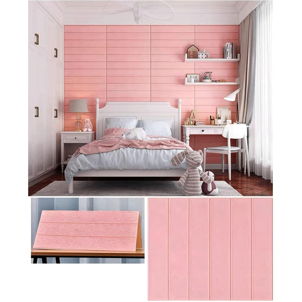 Plăci decorative 3D roz pudrat montate pe perete interior, suprafață acoperită 4,9 mp