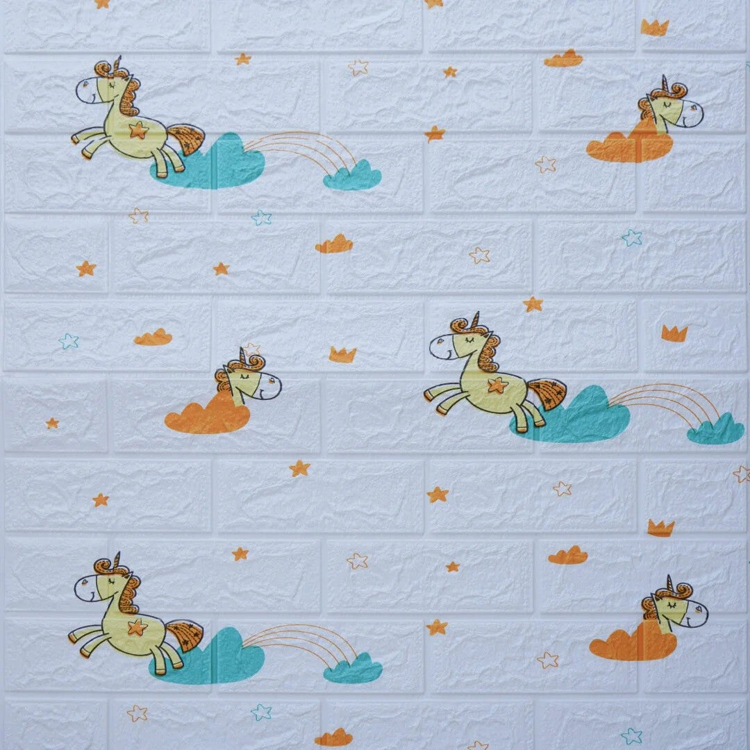 Set 10 Placi Tapet 3D, Vivimall, 70 x 77 cm, Grosime 3 mm, din Polietilena, Tip Caramida, Model Unicorni, Suprafata acoperita 5.3 mp, Alb - vivimall.ro
