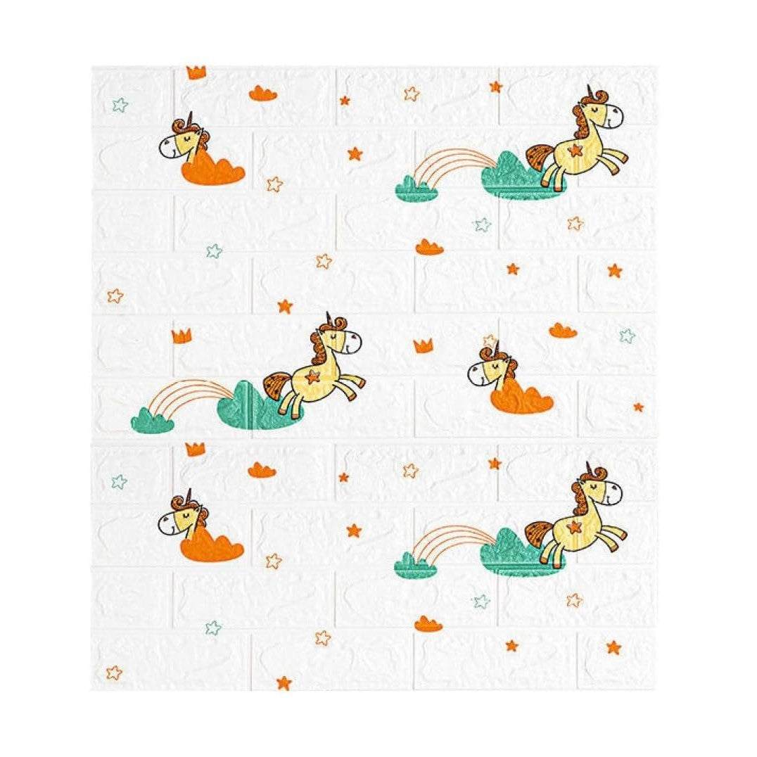 Set 10 Placi Tapet 3D, Vivimall, 70 x 77 cm, Grosime 3 mm, din Polietilena, Tip Caramida, Model Unicorni, Suprafata acoperita 5.3 mp, Alb - vivimall.ro