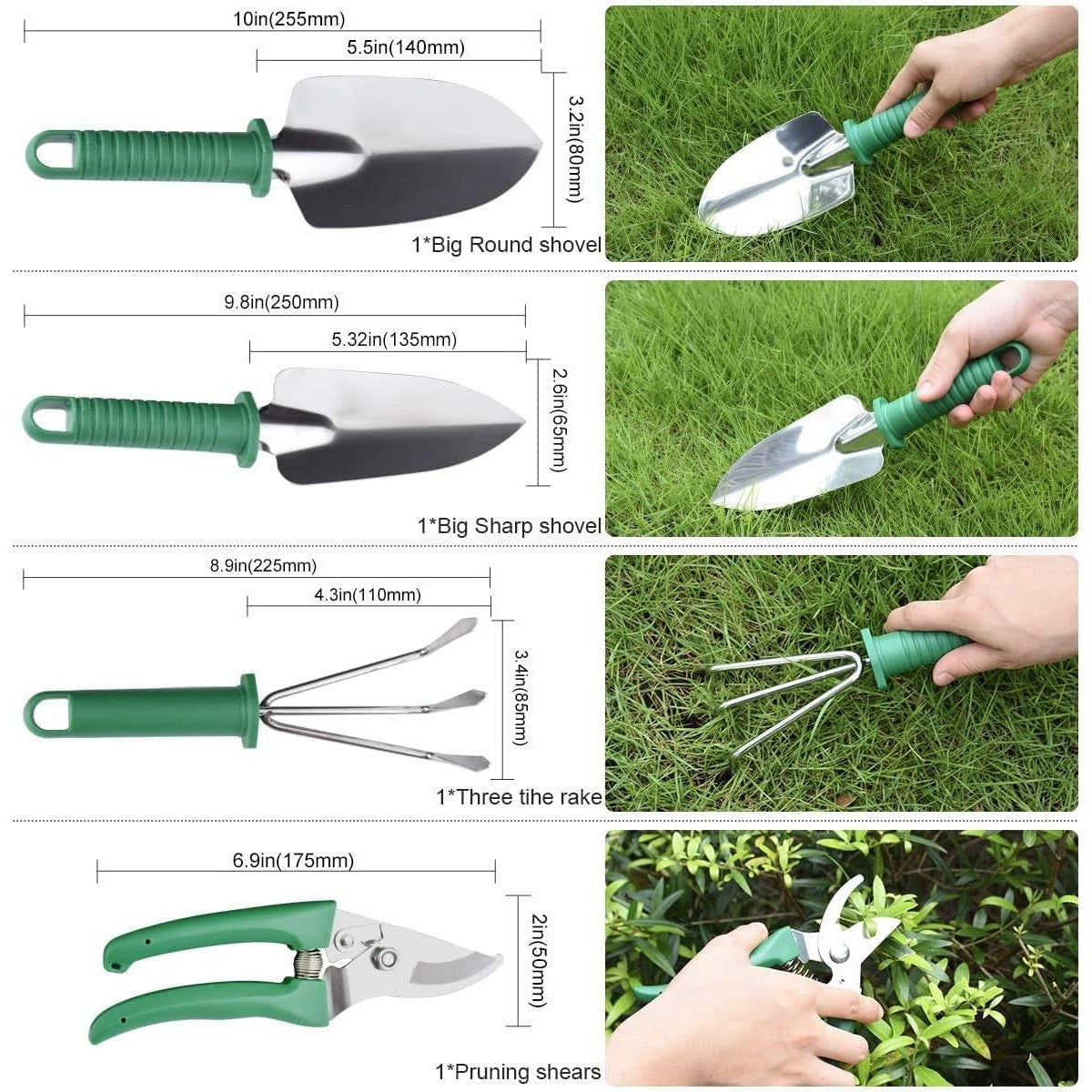 Set 10 Unelte de Gradina, Vivimall, pentru Plantare Prelucrare Sol si Ingrijire Plante, Manere Verzi, Material PVC si Otel Inoxidabil, Cutie Inclusa, 37x28x7 cm, Negru - vivimall.ro