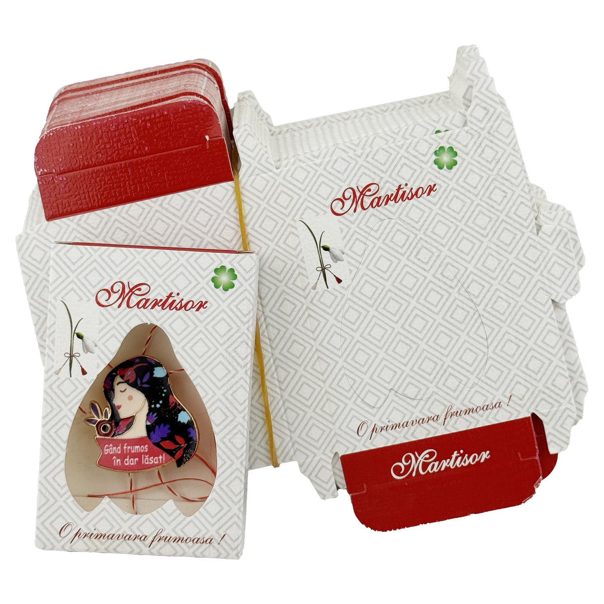 Ambalaje de Carton pentru Martisoare, Flippy, Set 100 Bucati, Cutii Brosa, Model Decupaj Ghiocel, Gri/Rosu - vivimall.ro