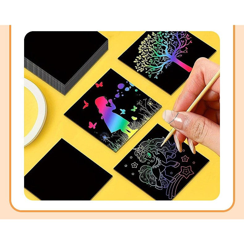 Set 100 de Foi de Hartie de Razuit, Vivimall, cu Creion din Bambus, pentru Desen, 8.5 x 8.5, Curcubeu, Negru - vivimall.ro