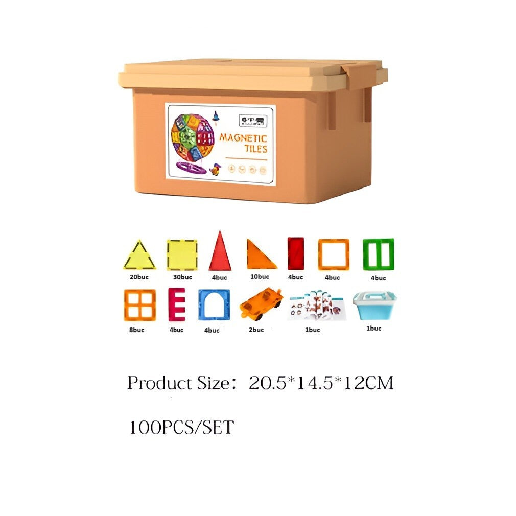 100-piece magnetic building block set, Vivimall, magnetic bricks, large, geometric shapes, 3 years old, ABS, magnets, 27.5*21.5*17 cm, multi-color - vivimall.ro