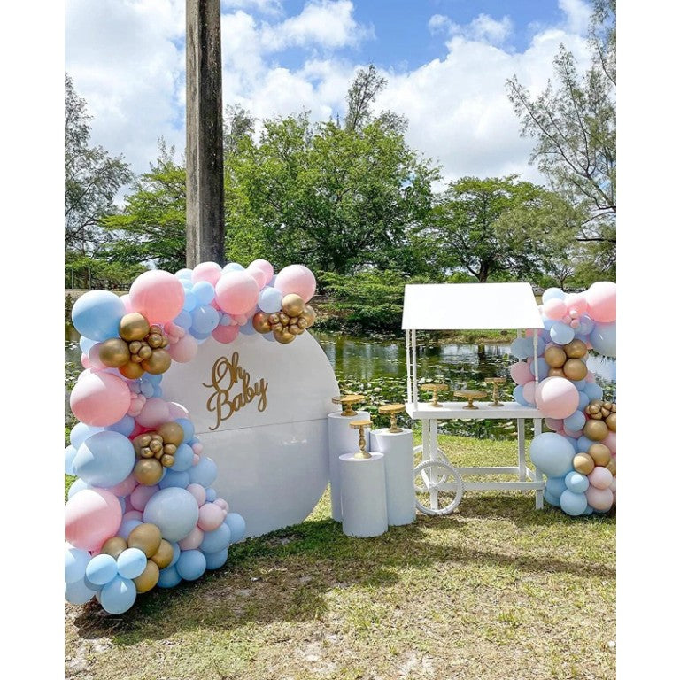 Baloane decorative pentru BABY SHOWER, Vivimall, Arcada Set 106 baloane din latex, Model Petrecere, Baloane Party, 12 cm, 30 cm, 45 cm, Roz, Albastru, Gold - vivimall.ro