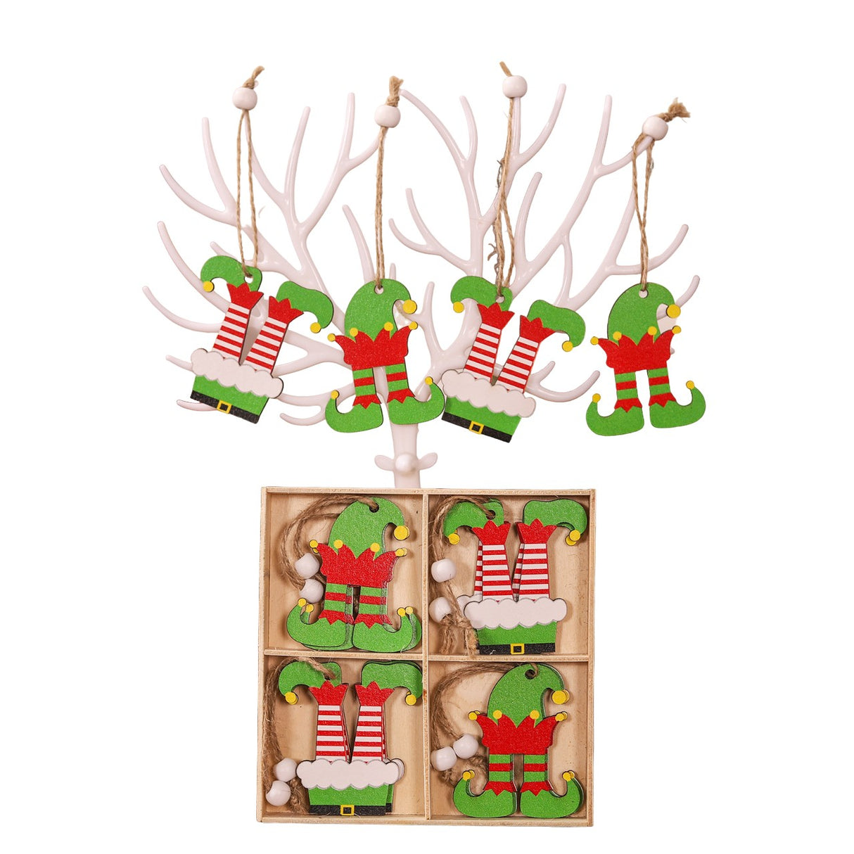 Set 12 Decoratiuni de Craciun din Lemn, Vivimall, cu Snur pentru Agatare in Brad, Model Caciulite 6.3x5.2 cm si Pantaloni 6.3x6 cm, Multicolor - vivimall.ro